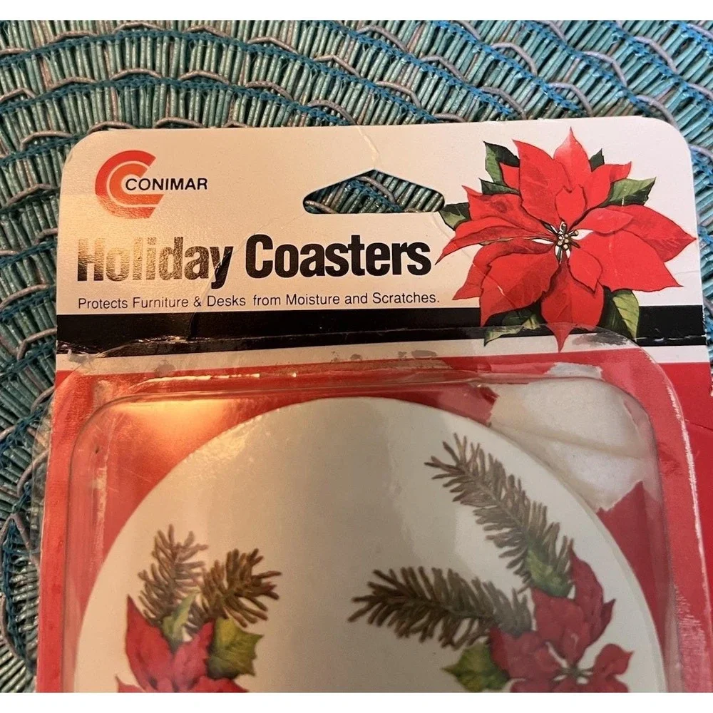 Vintage Conimar Holiday Coasters Poinsettia Pine Cork Set of 6 Christmas 3 3/4